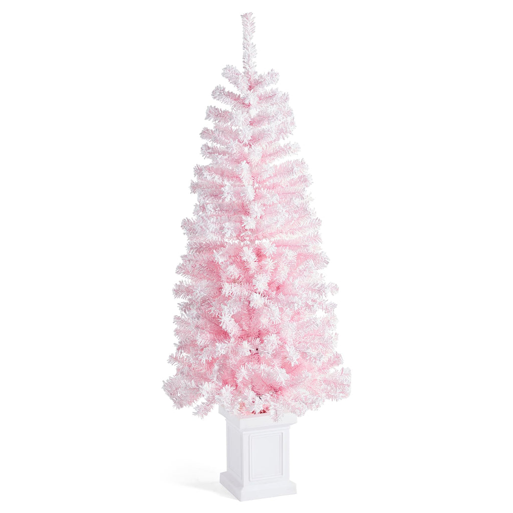 5ft Artificial Prelit Christmas Tree, Pink Christmas Tree Flocked Christmas Porch Tree with 130 Warm
