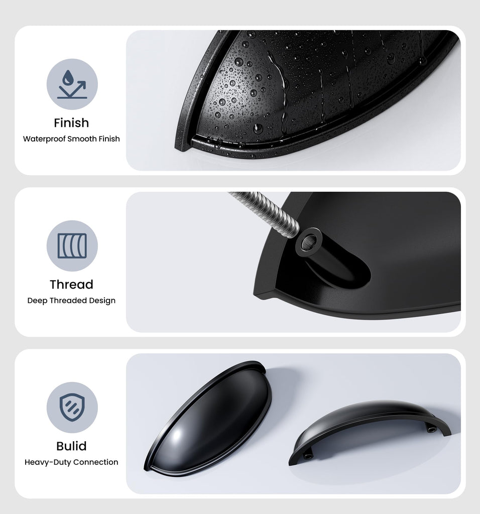 Drawer Pulls 10 Pack, 3 Inch Hole Center Cup Pulls, Matte Black