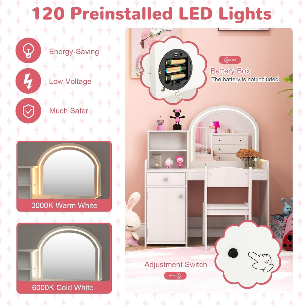 Kids Vanity Table and Chair Set with LED Lighted Mirror (White)