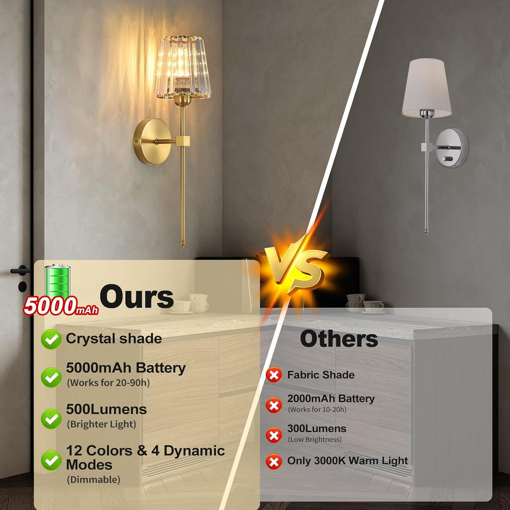 Battery Operated Crystal Wall Sconces Set of 2, Gold Wireless Wall Sconce with USB Rechargeable LED Light Bulbs 12