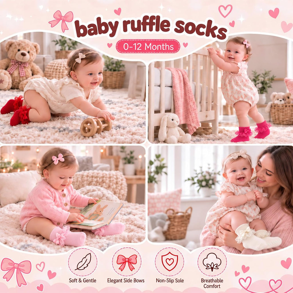 Baby Girl Ruffle Socks with Grips, Cotton Bowknot Lace Dress Socks