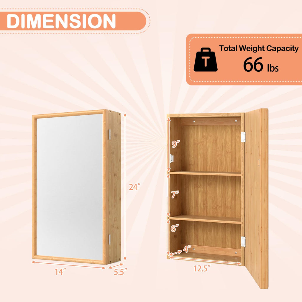 Bamboo Medicine Cabinet with Mirror, 14" x 24" Small Bathroom Mirror with Storage, 2 Removable Shelves, Farmhouse