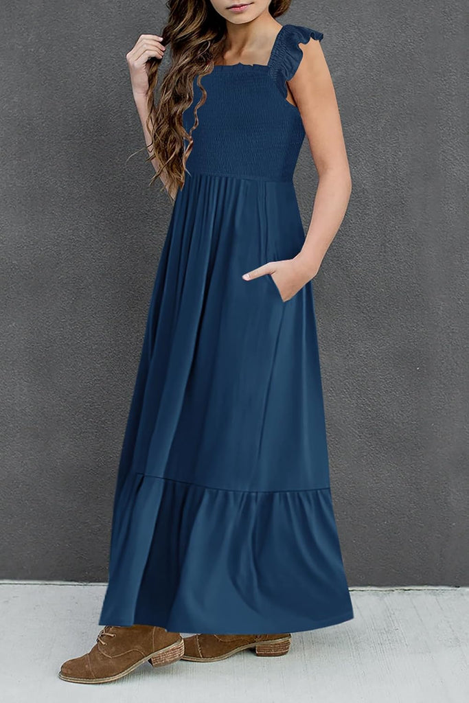 Girls Summer Sundress Long Casual Smocked Flowy Boho Maxi Dress