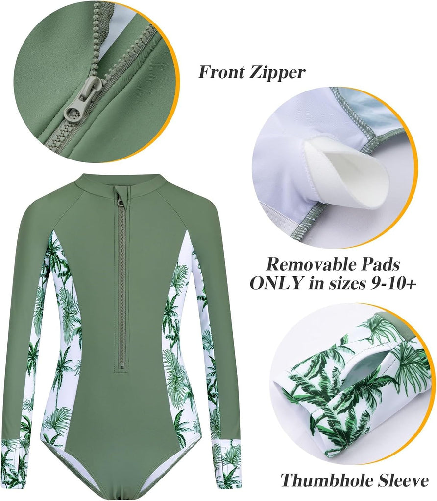 Girls Rash Guard Swimsuit 2 Piece Long Sleeve One Piece Bathing Suits with Swim Shorts Kids UPF 50+ Swimwear Sets