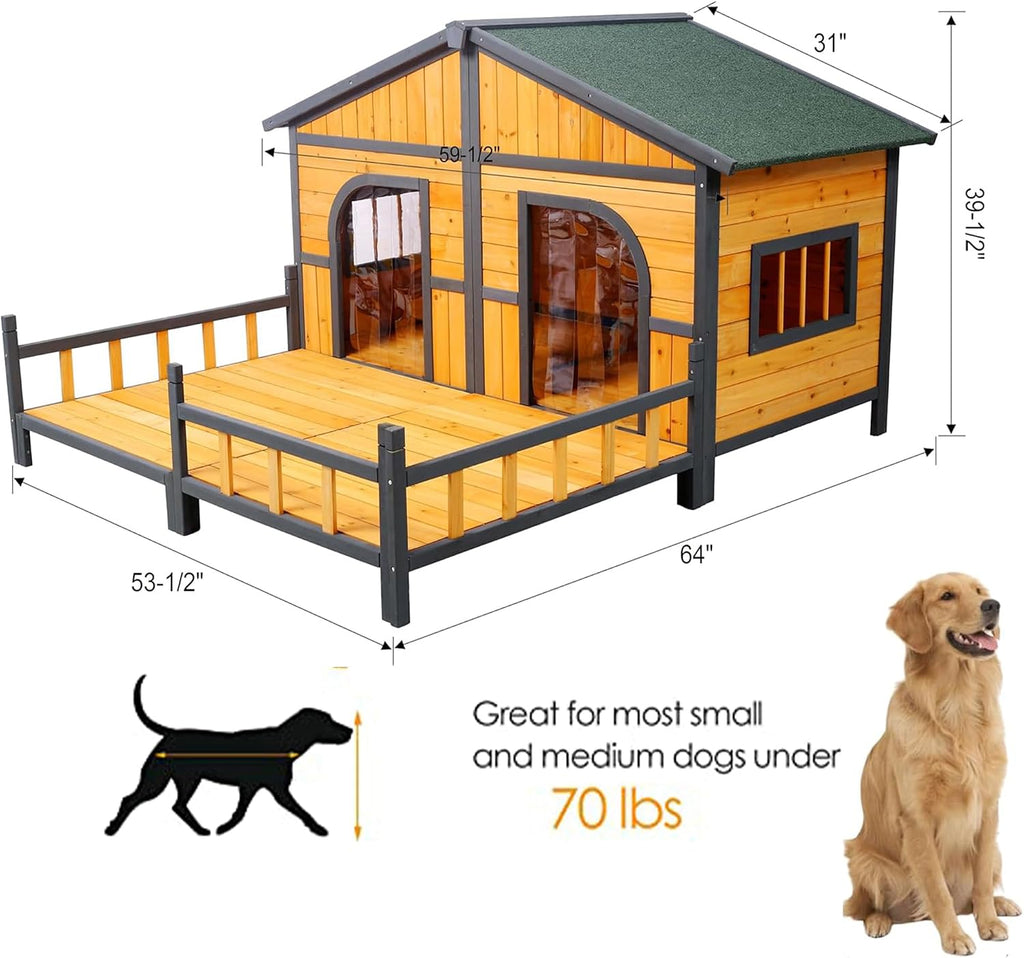 Double Dog House for 2 Dogs, Weatherproof Outdoor Wooden Dog House