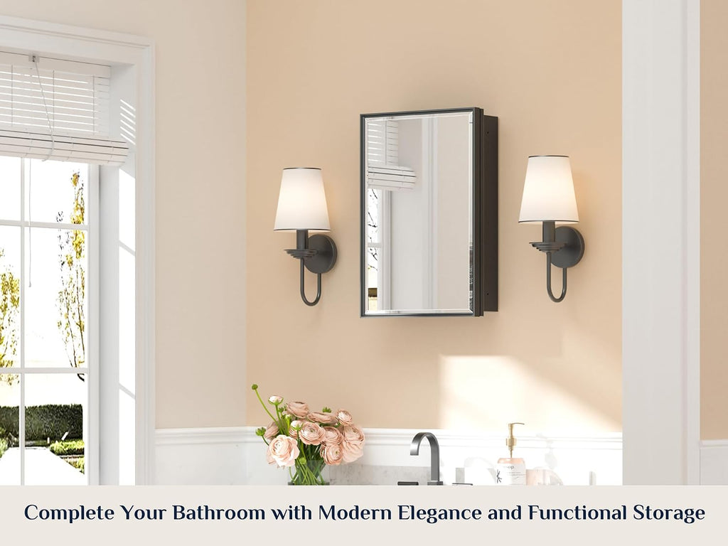16" x 24" Bathroom Medicine Cabinet with Mirror, Black, Assembled | Adjustable Shelves, Aluminum Framed, Recessed or