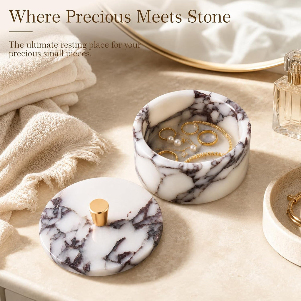 Calacatta Viola Marble Jewelry Box, Round Natural Stone Jewelry Jar with Lid, Small Trinket Box, Decorative Storage