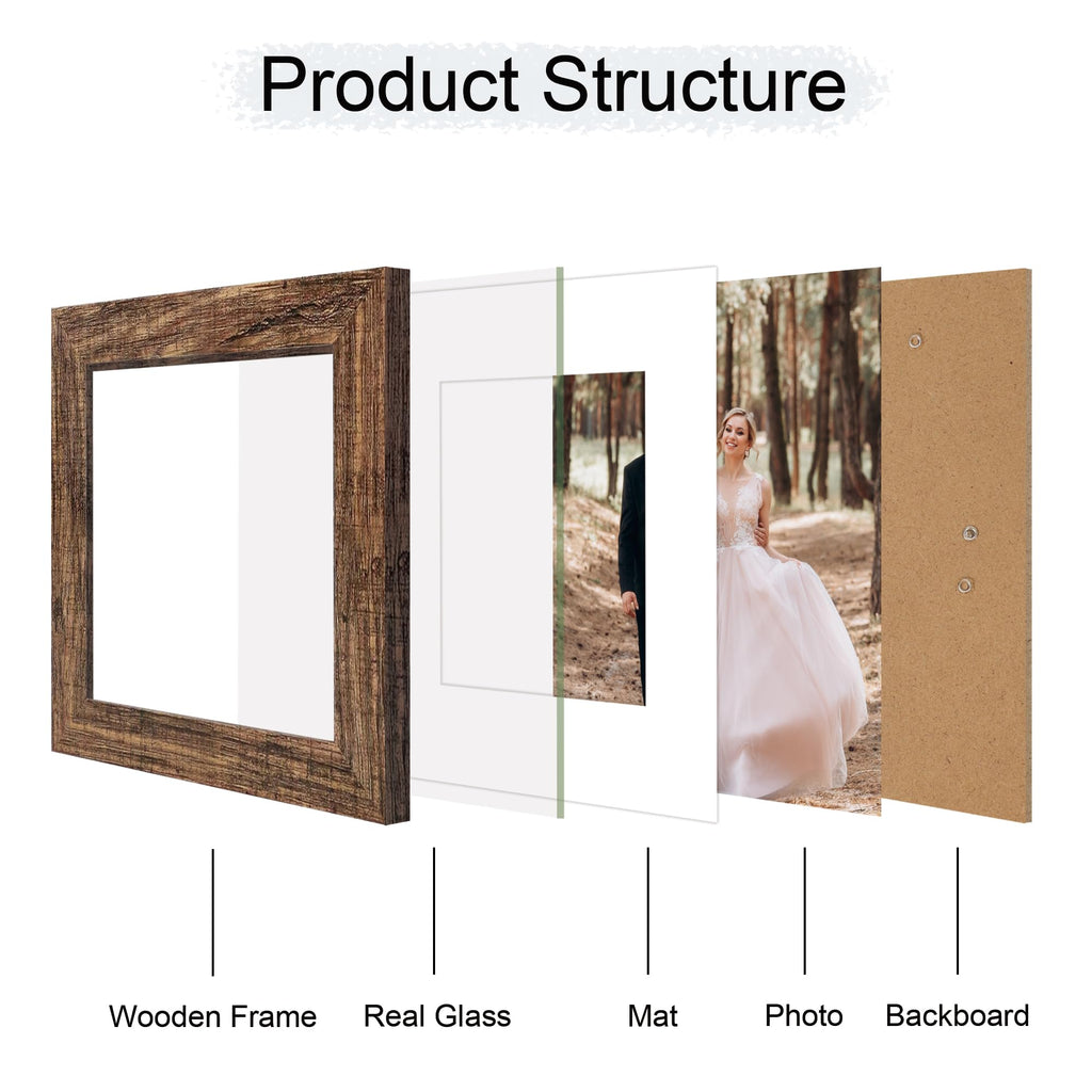 6x6 Picture Frame Set of 4 with Real Glass, Rustic Frames Display 4x4 Picture with Mat or 6 x 6 Without Mat, Wood