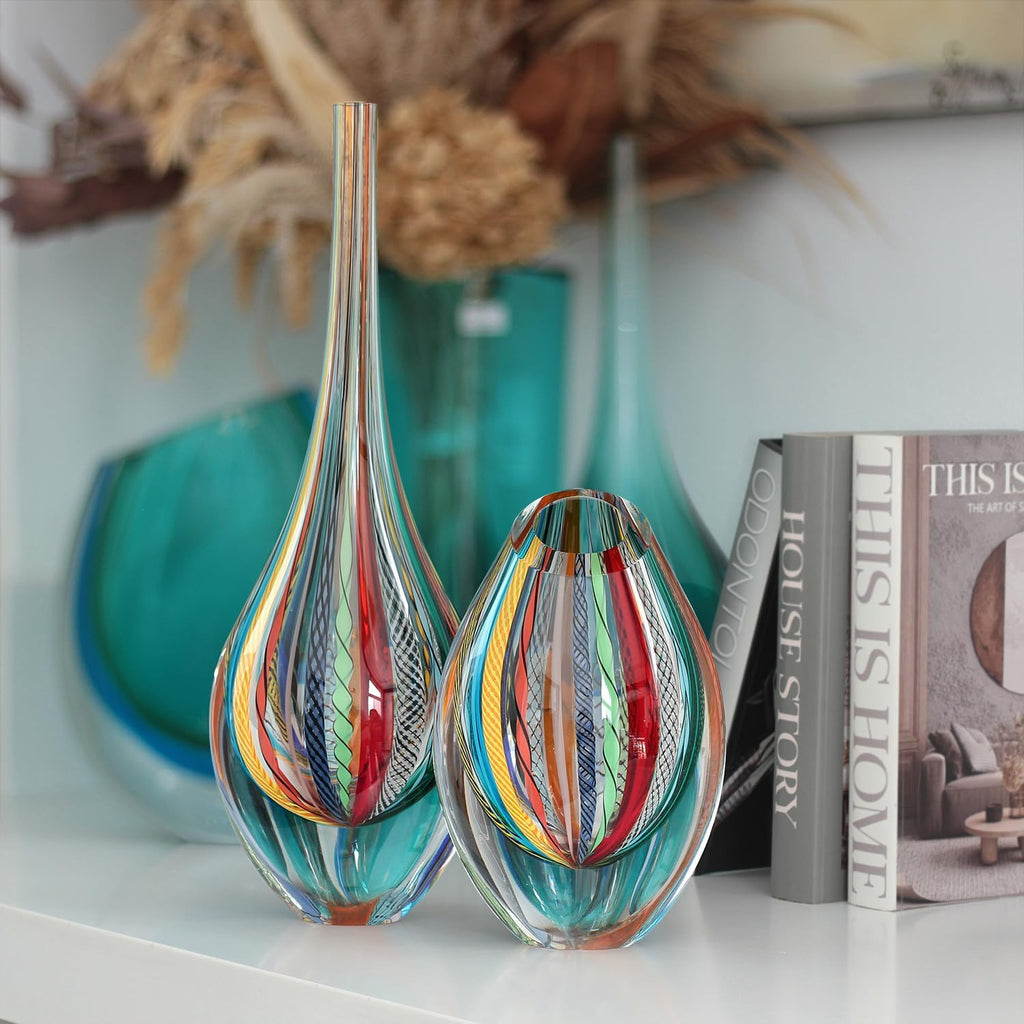 Murano Style Art Glass Drop Vase Hand Blown Colored Boho Effect Home Decor