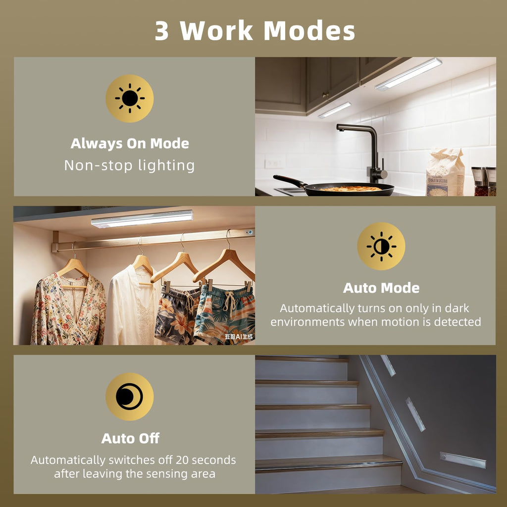 4 Pack Under Cabinet Lighting, Rechargeable Motion Sensor Light Indoor, Wireless Dimmable Magnetic Closet Lights, 32