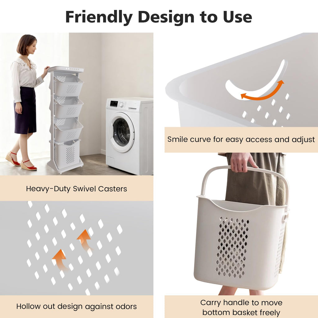 4-Tier Laundry Hamper Sorter, Vertical Laundry Baskets with Wheel