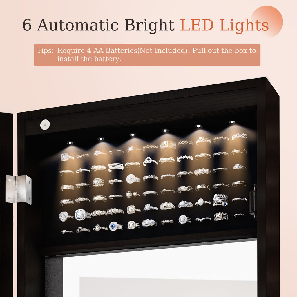 Mirror Jewelry Cabinet, Lockable Wall or Door Mounted Jewelry Armoire Organizer With Built-up Mirror, LED Lights