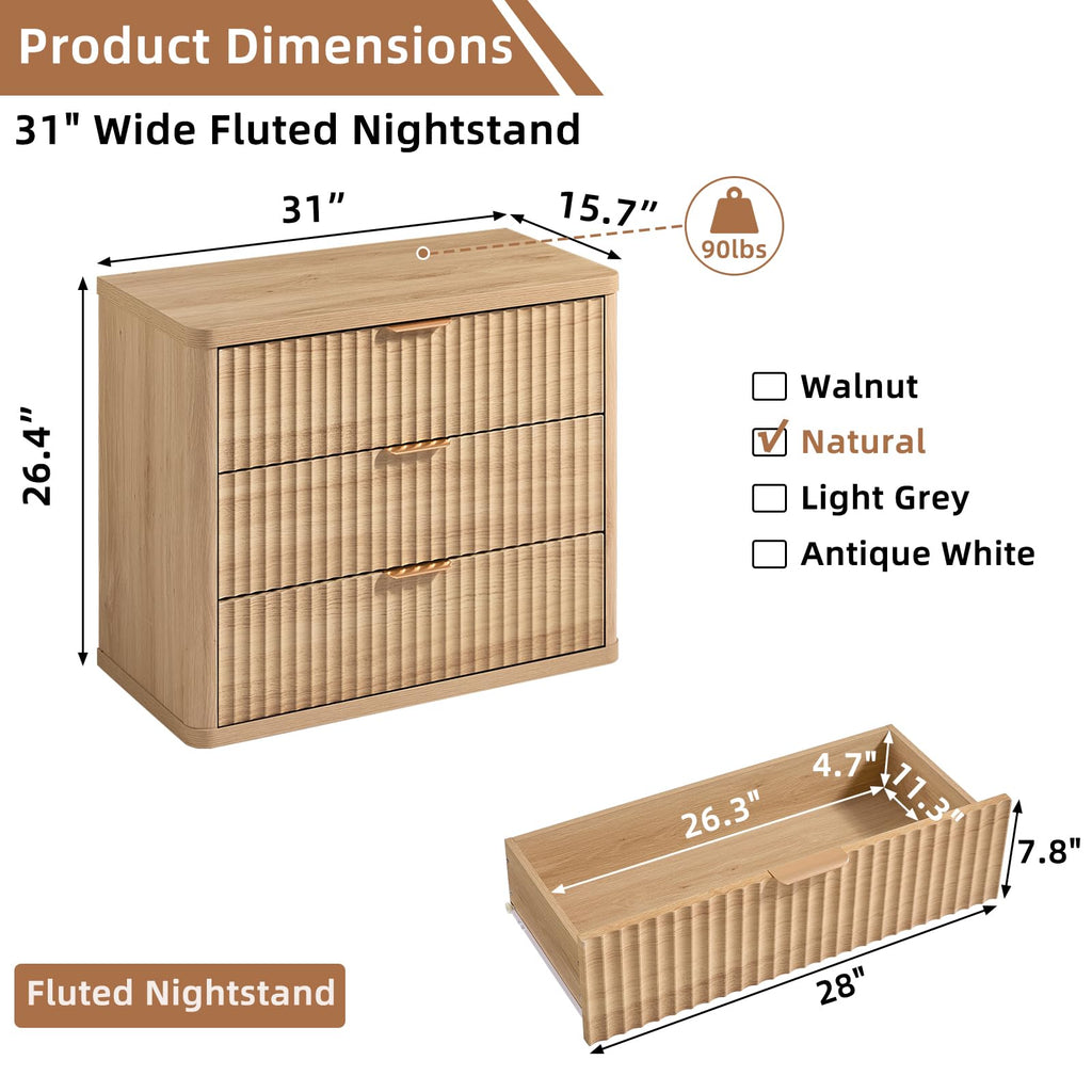 31" Wide Fluted Nightstand for Large Spaces, Oversized Extra 3 Drawers Night Stand, Wood Bedside Table, Tall Bed Side