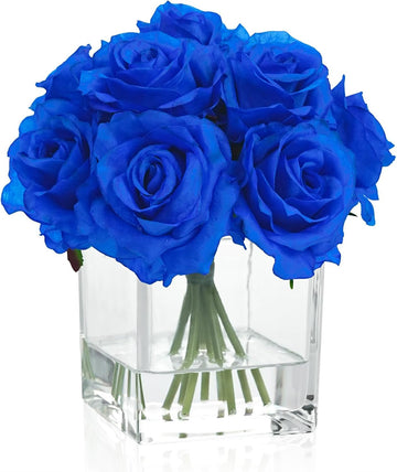 Artificial Royal Blue Rose Flowers in Cube Vase with Faux Water