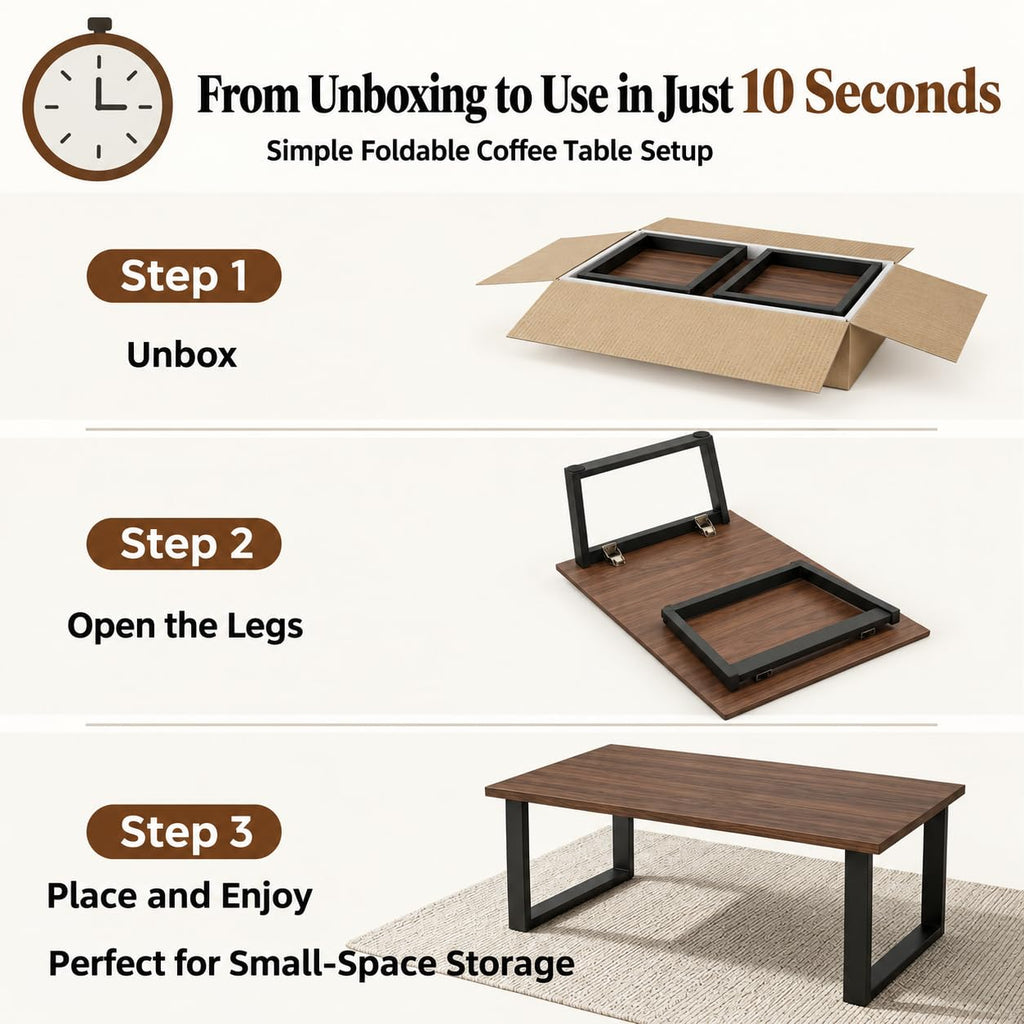 Walnut Folding Coffee Table, No Assembly Required for Small Spaces, 35.5In