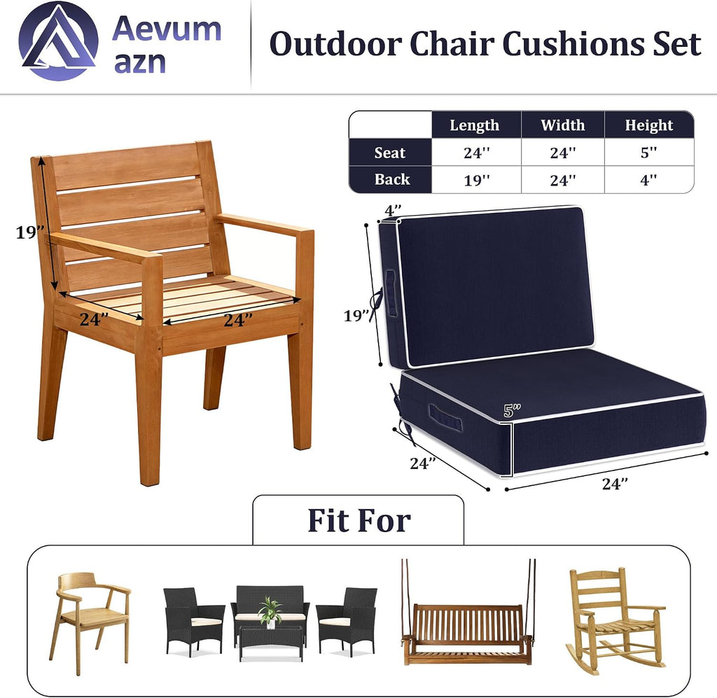 5" Thicker Outdoor Chair Cushions 2 Sets 24" *24" Waterproof Patio Chair Cushions for Outdoor Furniture w/Removable