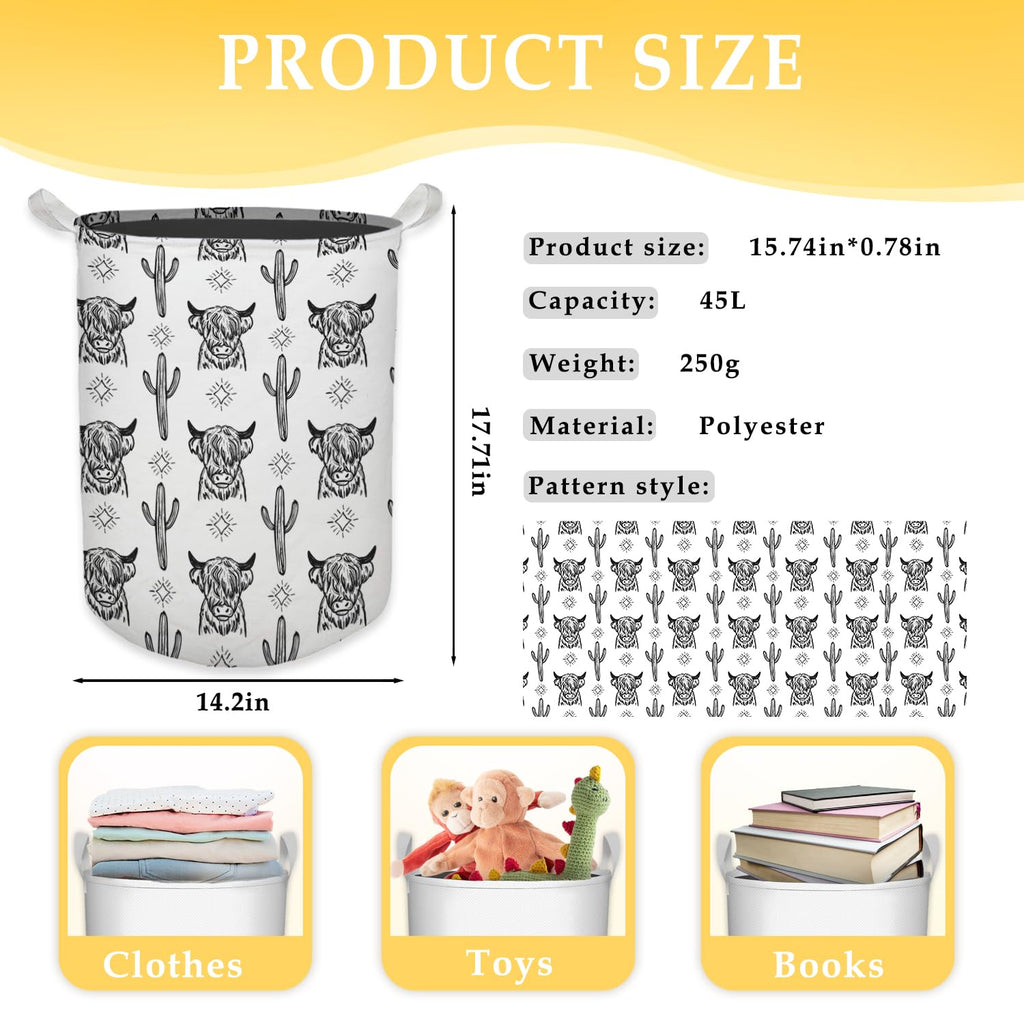 Western Laundry Basket, Retro Highland Cow Cactus Collapsible Laundry Hamper - Waterproof, Dirty Clothes Storage Bin