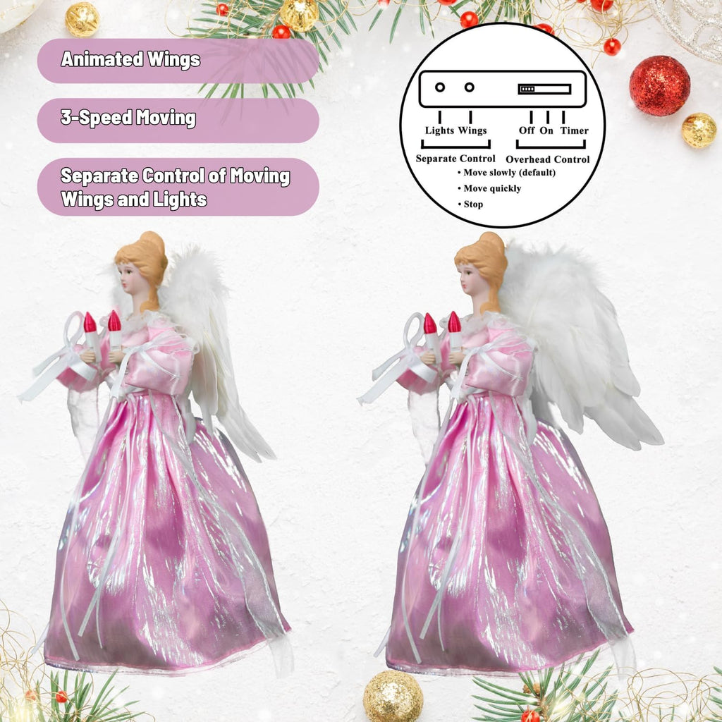 Moving Angel Tree Topper with Lights, 12'' Pink, Separately Controlled Flapping Wings and Bright LEDs, 6 On / 18 Off