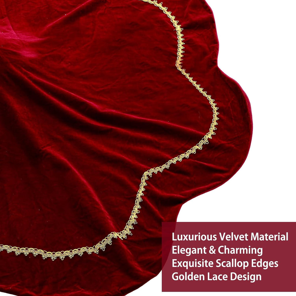 Christmas Tree Skirt 60 Inch Red Velvet Fur Scallop Tree Skirt Sparking Gold Lace Trim for Party Rustic Xmas Holiday
