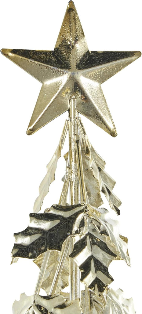 Metal Tree Decorative Sculpture Holiday Layered Holly Leaf Christmas Home Decor Statues with Wooden Base and Star