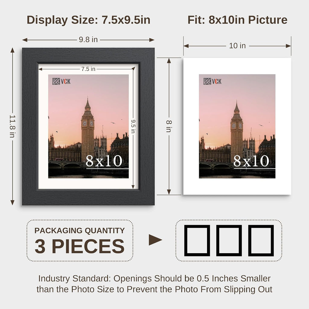 8x10 Picture Frame Set of 3, Black Wood 8 x 10 Photo Frames for Wall Mounting Horizontally & Vertically