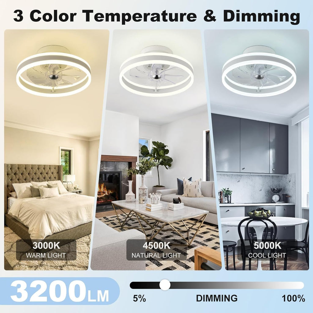 Modern Ceiling Fan with Light Flush Mount Ceiling Fans with Remote Control Reversible 6 Speeds 3CCT Dimmable