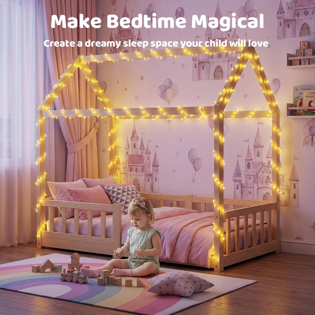 Toddler Bed, Toddler Floor Bed with Safety Guardrails, Wood Montessori House Bed with Roof, Low Toddler Bed Frame