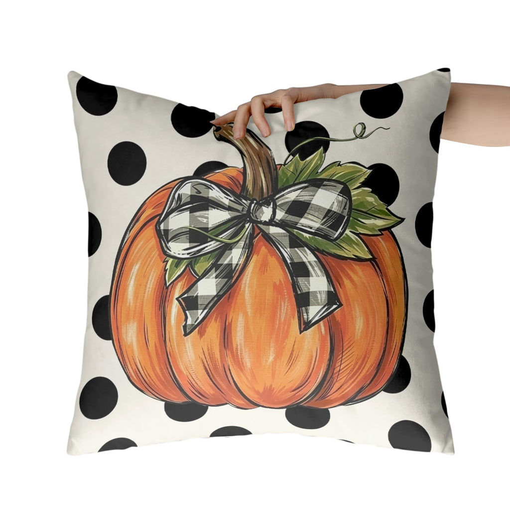 Fall Pumpkin Pillow Covers 16x16 Set of 2 Black Polka Dot Buffalo Plaid Bow Autumn Throw Pillow Cases Rustic