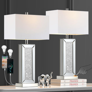 Modern Table Lamp Set of 2 Touch Control, Silver Mirror Diamond Crystal Bedside Lamp with USB C+A Ports, 3-Way
