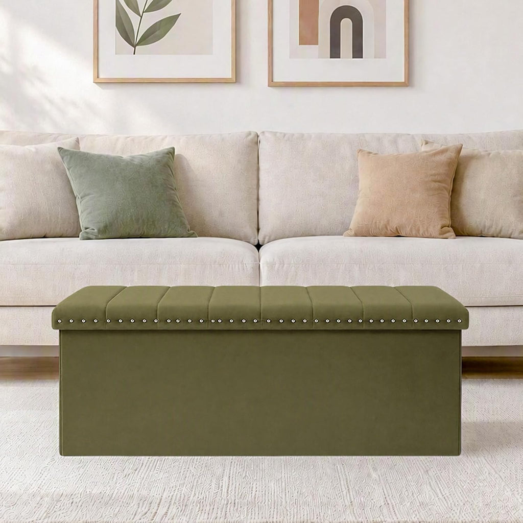 43 Inches Velvet Storage Ottoman Bench | Folding Upholstered Ottoman with Storage , End of Bed, 140L Capacity
