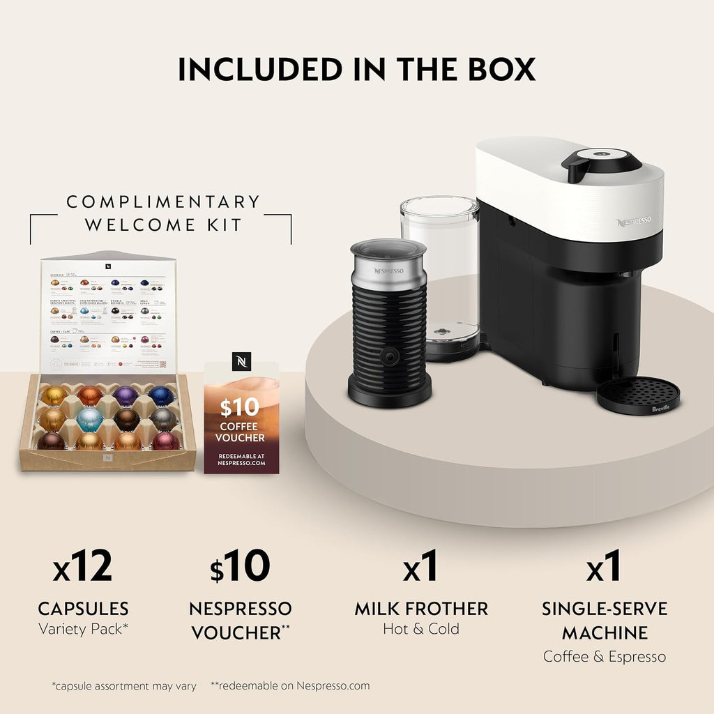 Vertuo Pop+ Coffee Machine with Milk Frother, Coconut White | White coffee and espresso maker by with compact design.