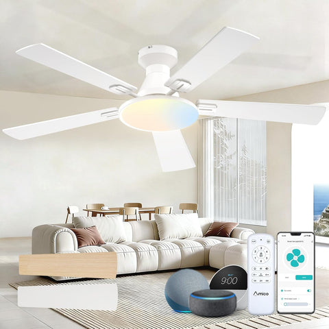 Ceiling Fans with Lights, 52 inch Smart Ceiling Fan with Remote/APP/Alexa Control, Flush Mount, Reversible DC Motor