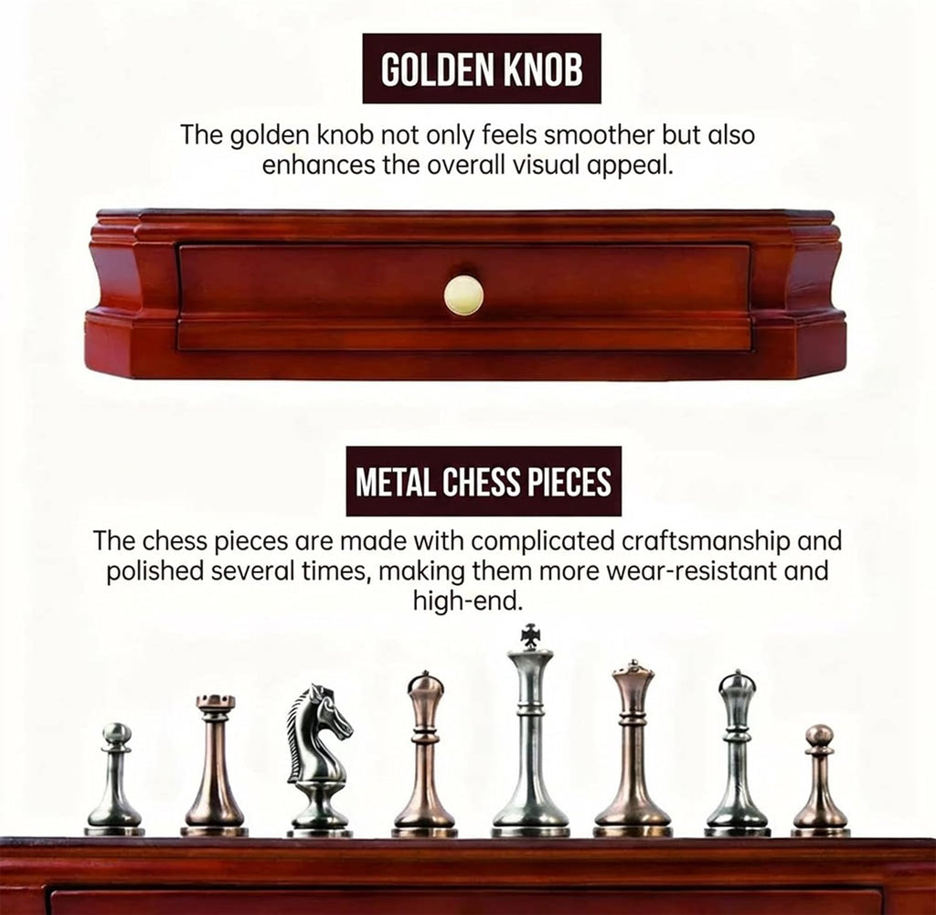 Luxury Wooden Chess Set with Metal Pieces, Handcrafted Solid Wood Board & Storage Drawer - Creative Gift for Men