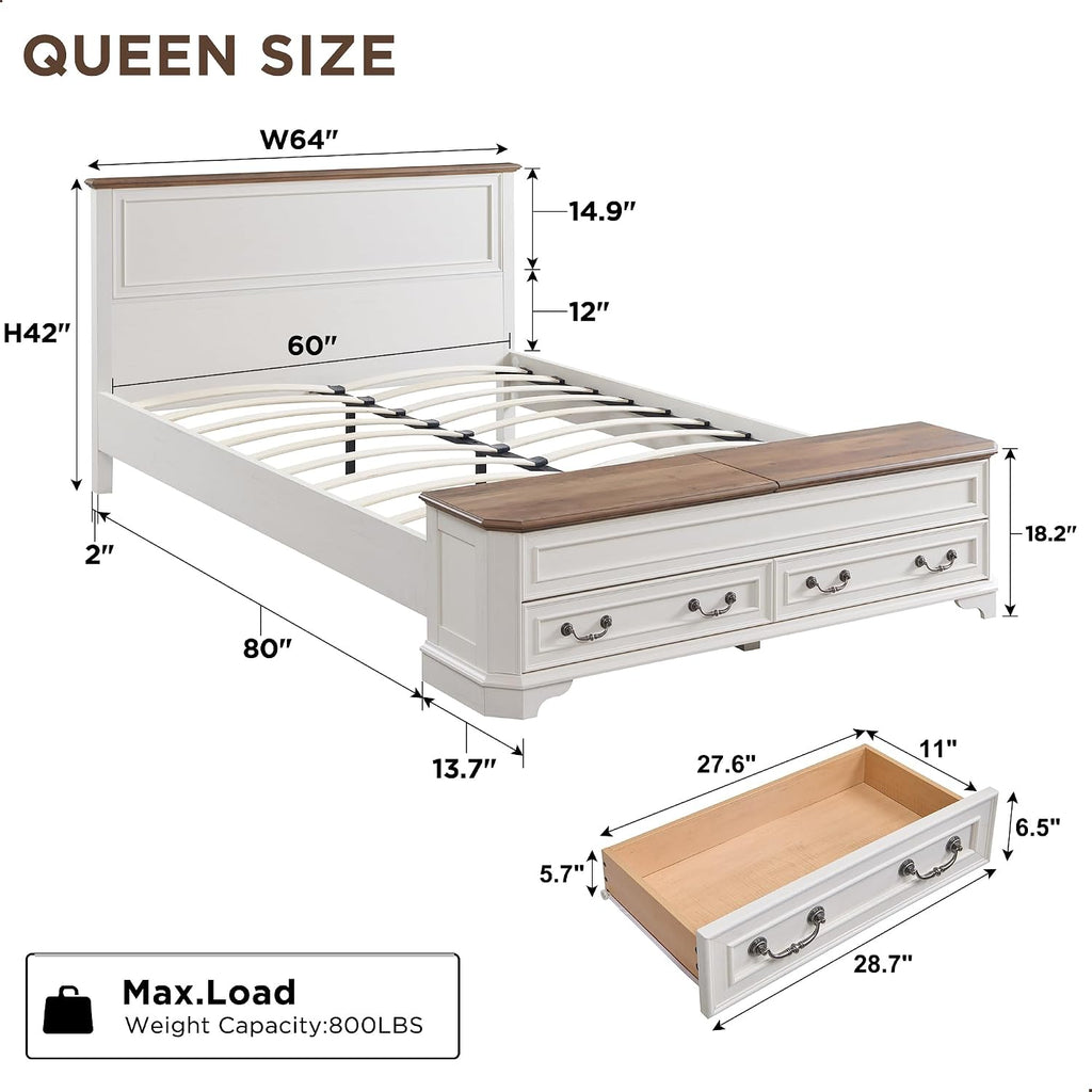 Farmhouse Queen Bed with Headboard and Storage Bench, Rustic Wood Platform Bed with 64" Storage Chest w/ 4 Large
