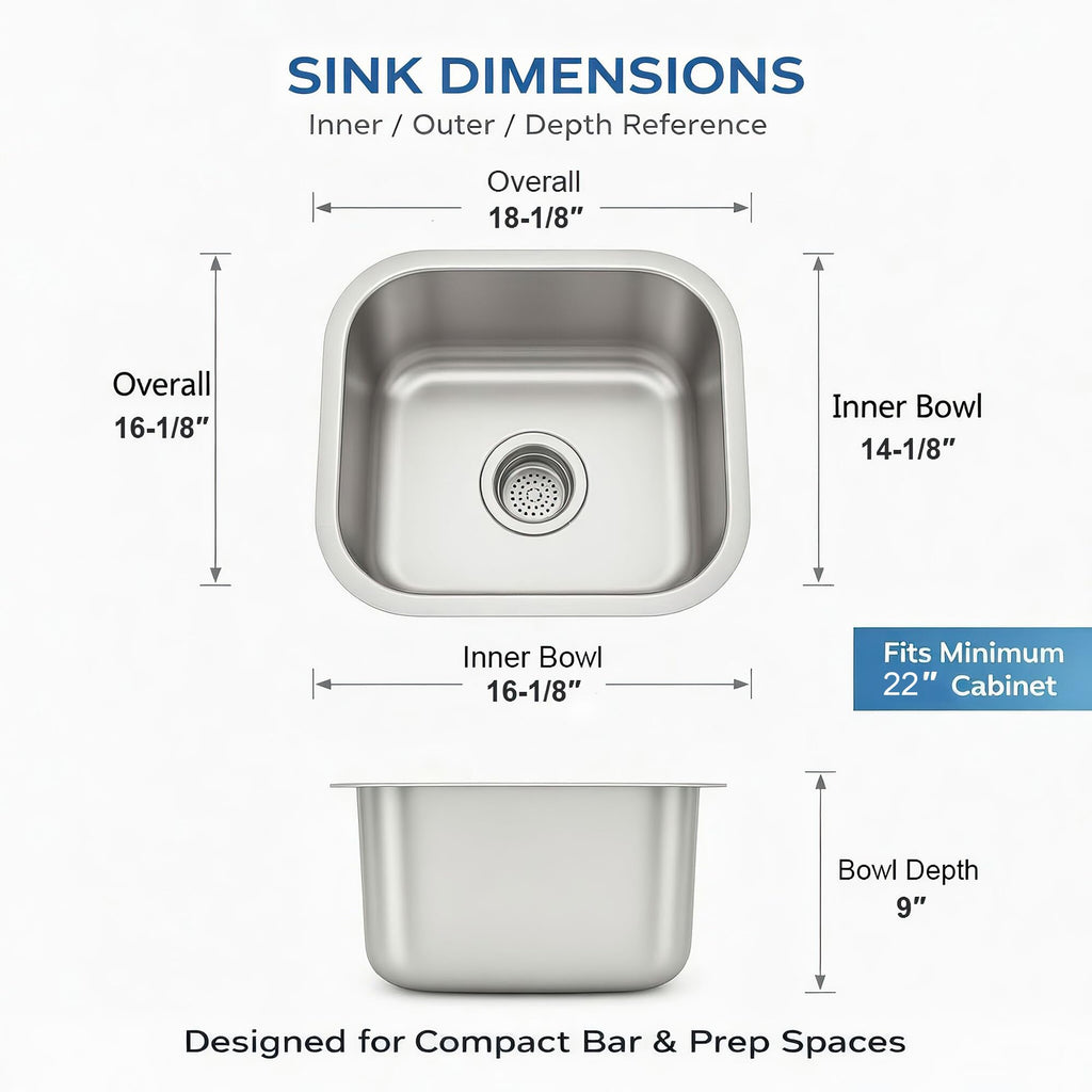 18x16 Inch Undermount Kitchen Sink - 18 Gauge Stainless Steel Single Bowl Prep Sink for Compact Kitchen Sink &