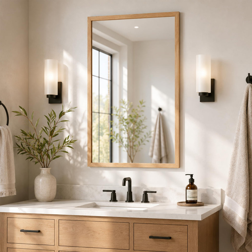 24"x36" Natural Wood Tone Wall Mirror for Over Sink, Lightweight Boho Bathroom Vanity Mirror, Scandi Faux Wood