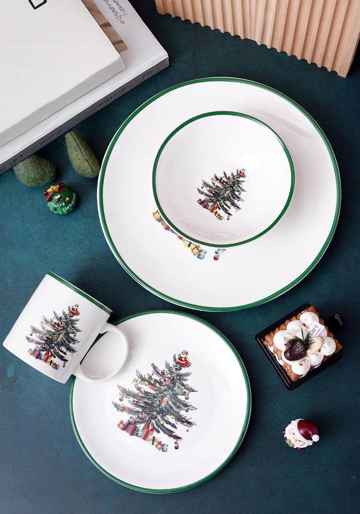 16 Piece Christmas Dinnerware Sets with Green Edge, Christmas Tree Porcelain Dinnerware Set for Xmas (4 * 10.5 Inch