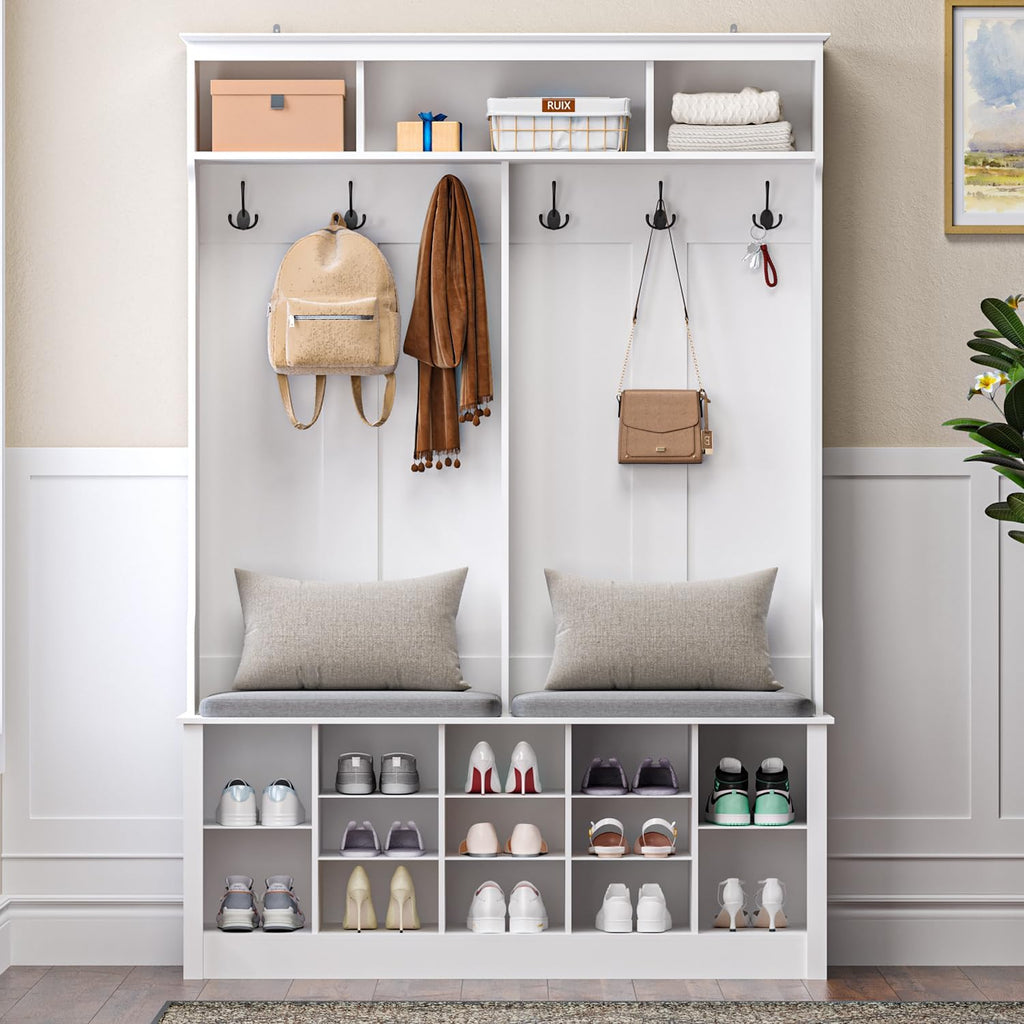Hall Tree with Bench and Shoe Storage, 53" Farmhouse 4-in-1 Mudroom Storage Organizer with Coat Rack, 6 Hooks, 12
