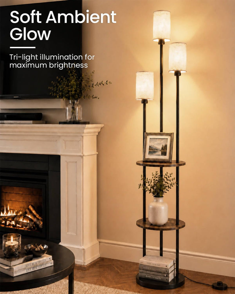 71" Floor Lamp with Shelves, 3-Tier Standing Light, Black and Beige