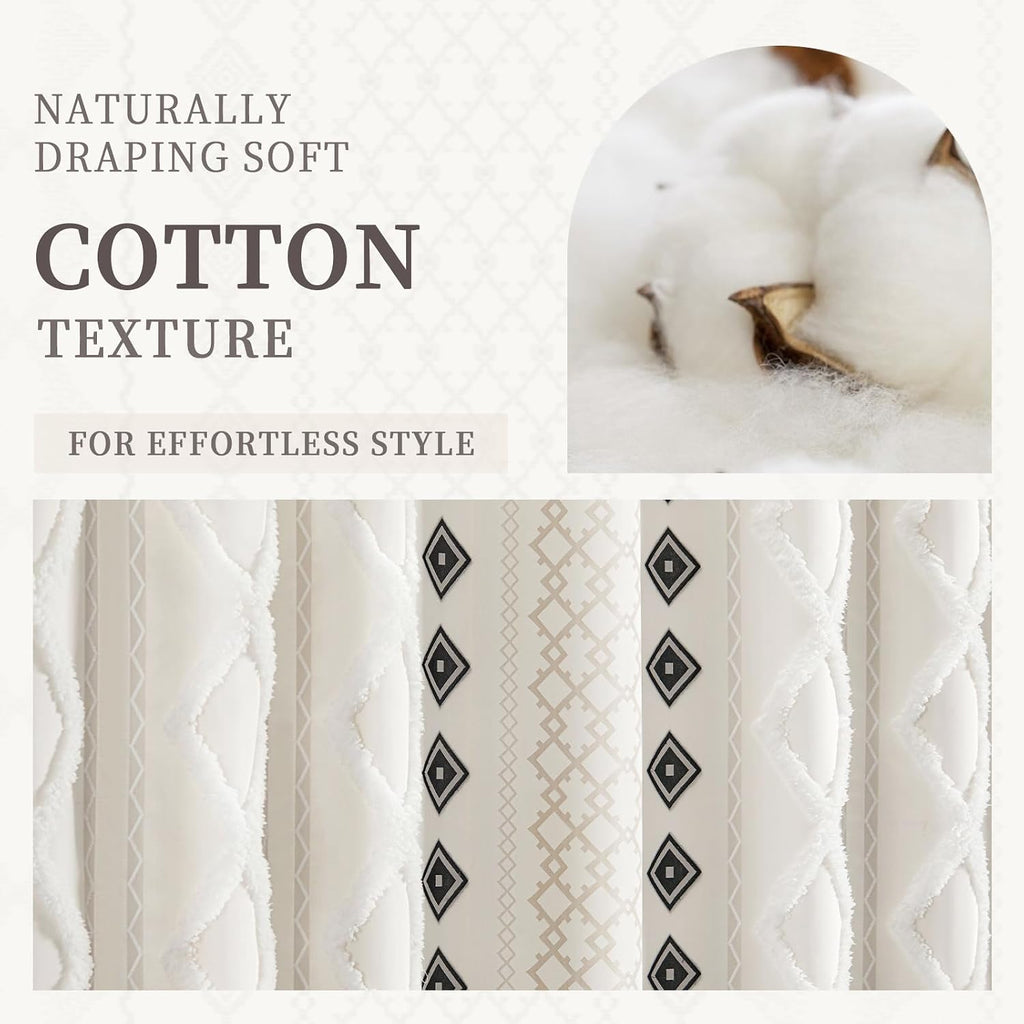 White Boho Cotton Shower Curtain,72" W x 72" L | Cotton Fabric with Striped Print