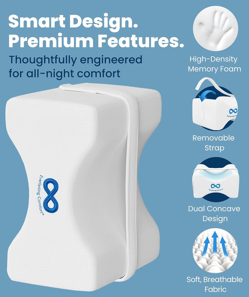 Memory Foam Knee Pillow for Side Sleepers - Sciatica Pain Relief Pillow, Removable Strap Support - Leg Pillows for