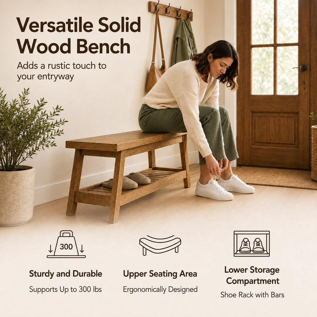 Reclaimed Entryway Bench Solid Wood Bench with Storage Shelf 43.3"