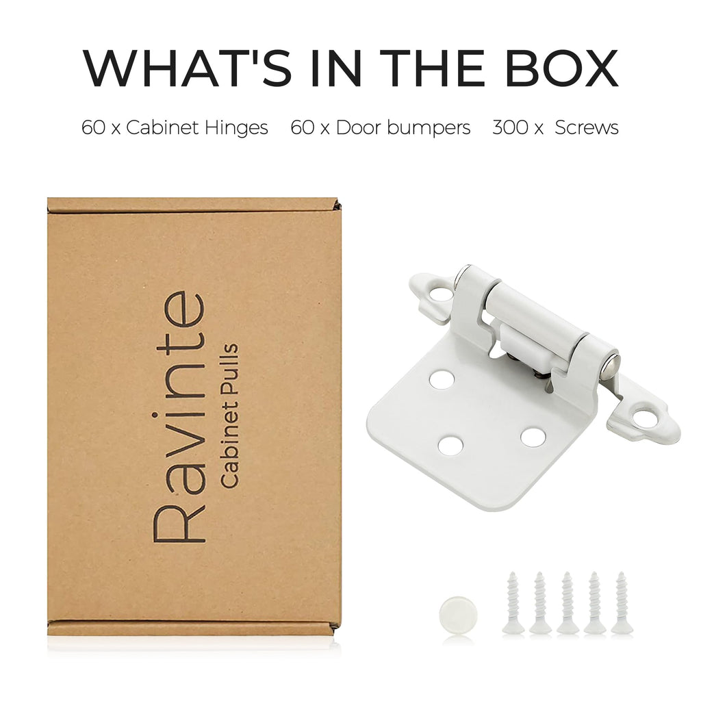 White Cabinet Hinges, 1/2 Inch Overlay, 60 Pack (30 Pairs)