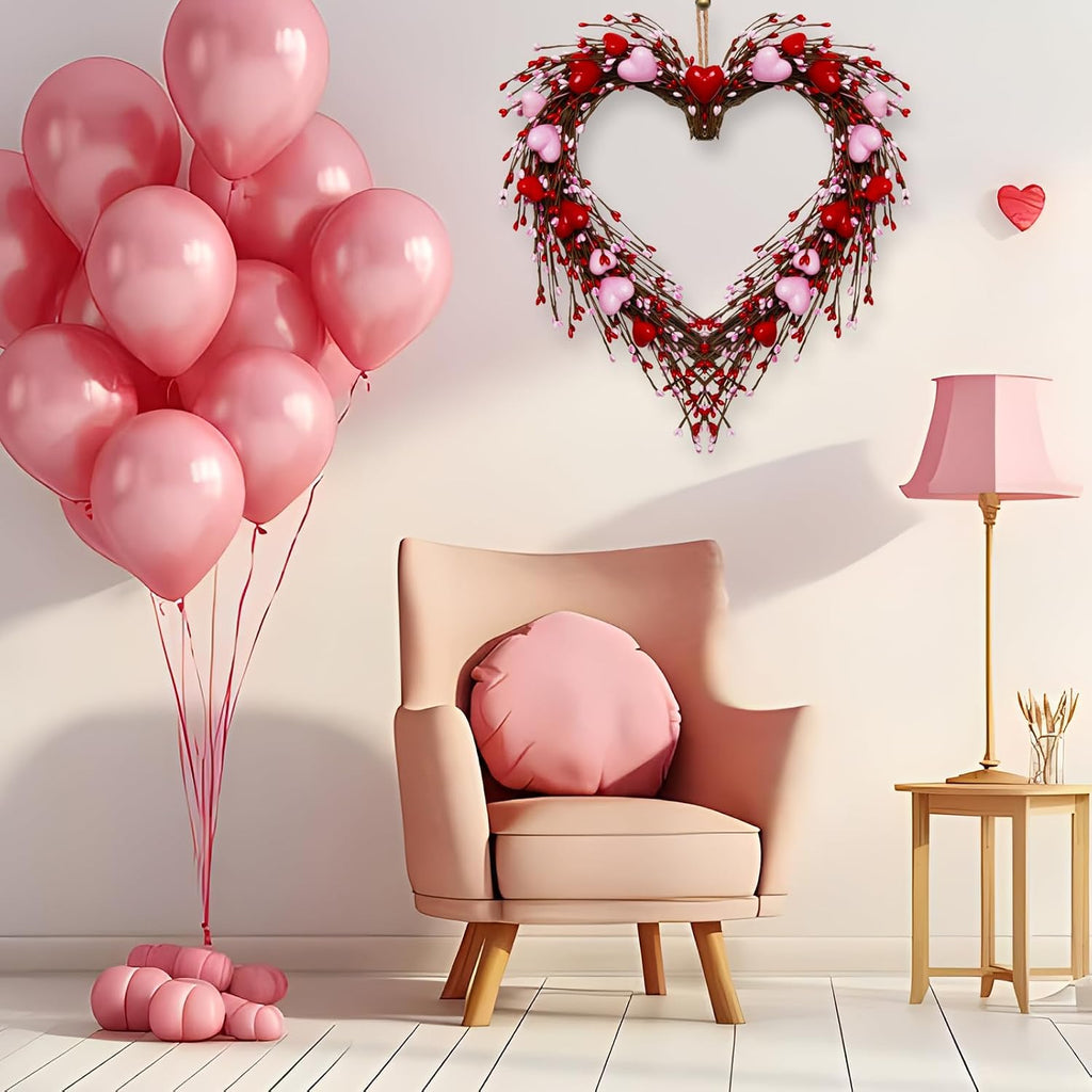 Valentines Day Wreath Decor,14 Inches Artificial Red Pink Berries and Small Pink Hearts,Valentines Wreaths for Front