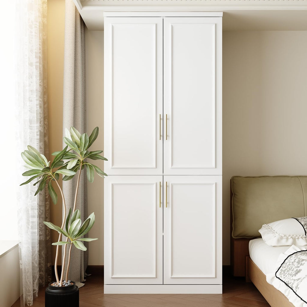 Wardrobe Closet with 4 Doors, Modern White Bedroom Armoire