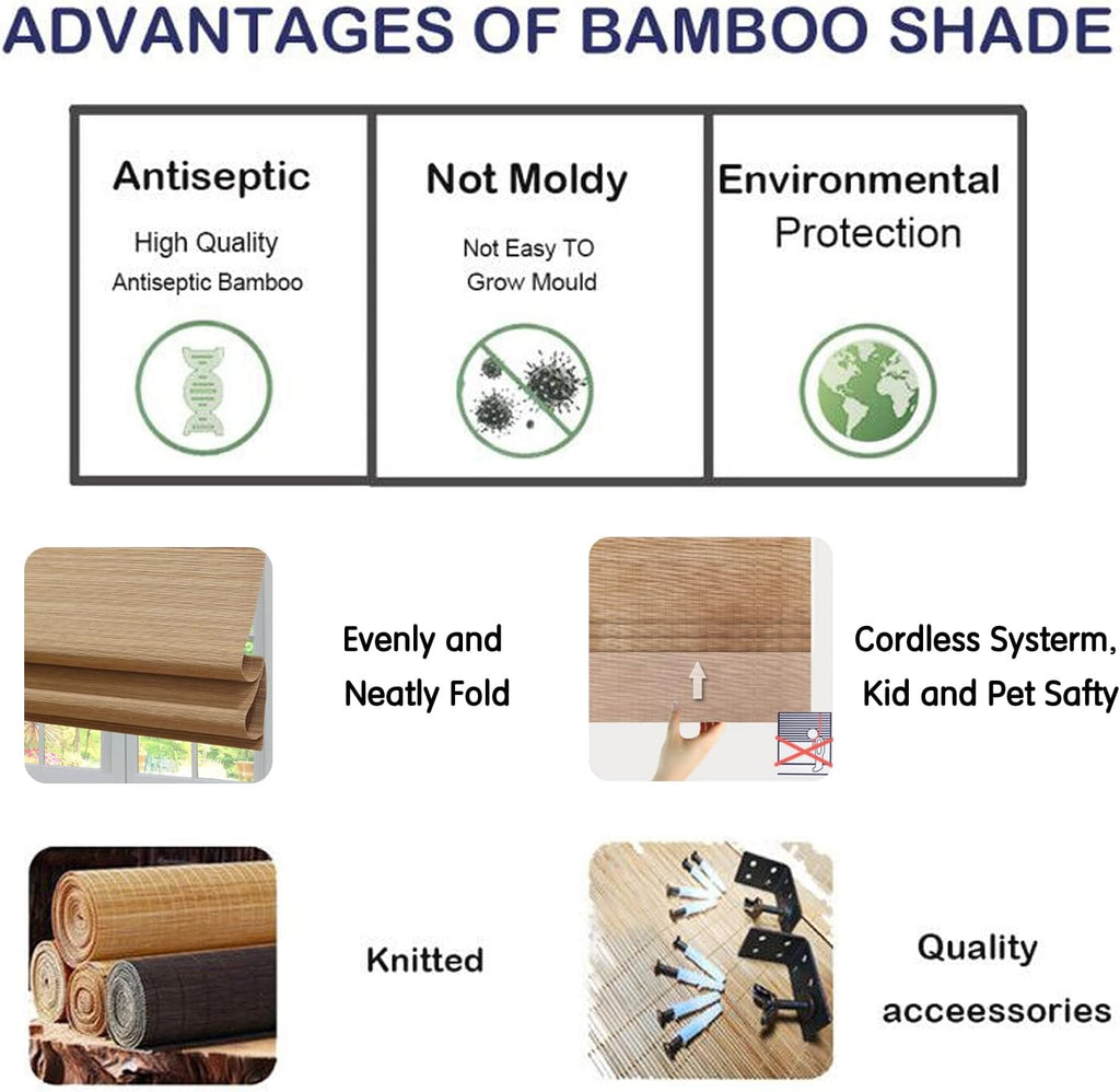 Wood Window Roman Shades, Lined Blackout Bamboo Roman Shades Blinds, Easy Installation for Home and Garden, Pattern 3