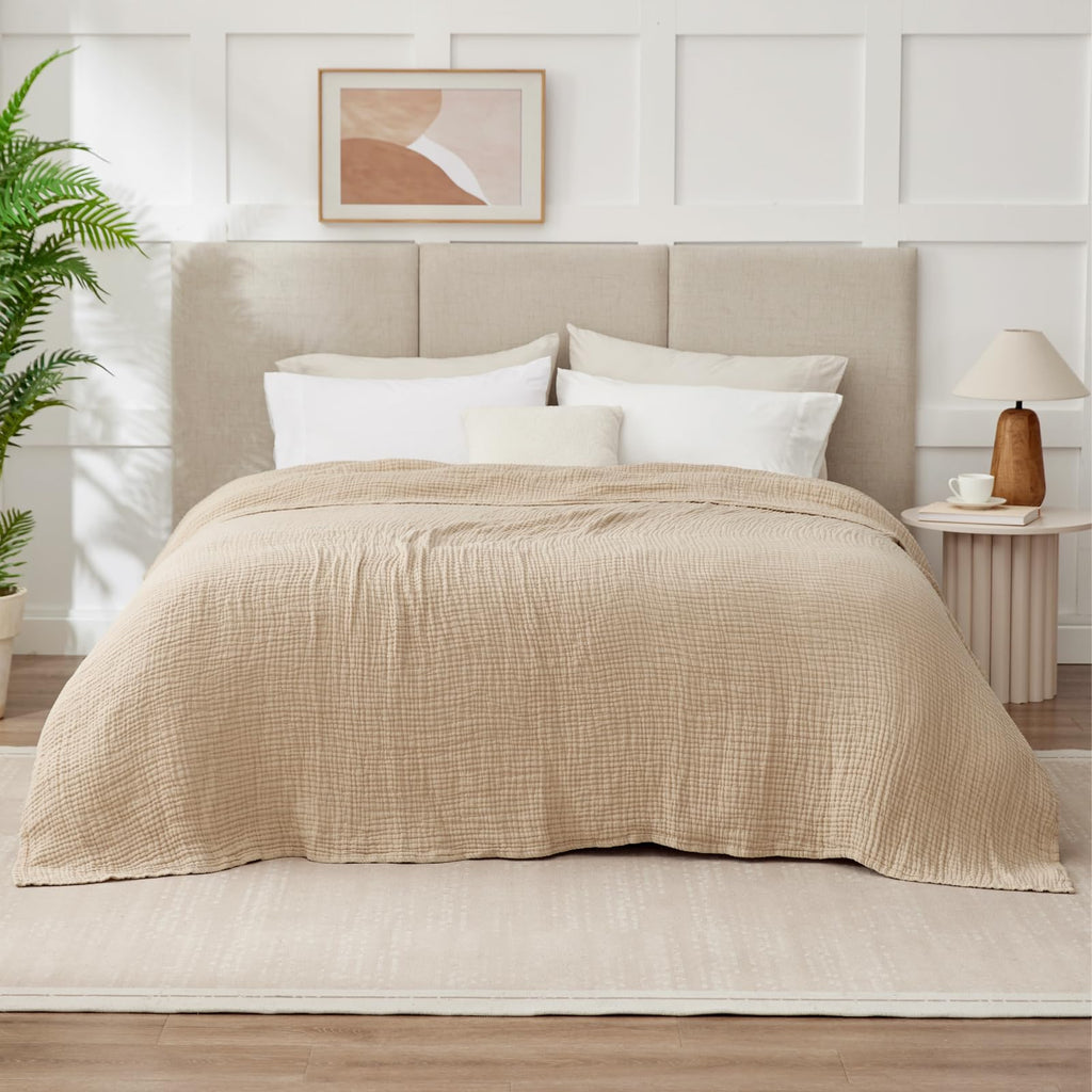 100% Cotton Muslin Blanket for Adults, 6-Layer, 90 x 90, Beige Linen