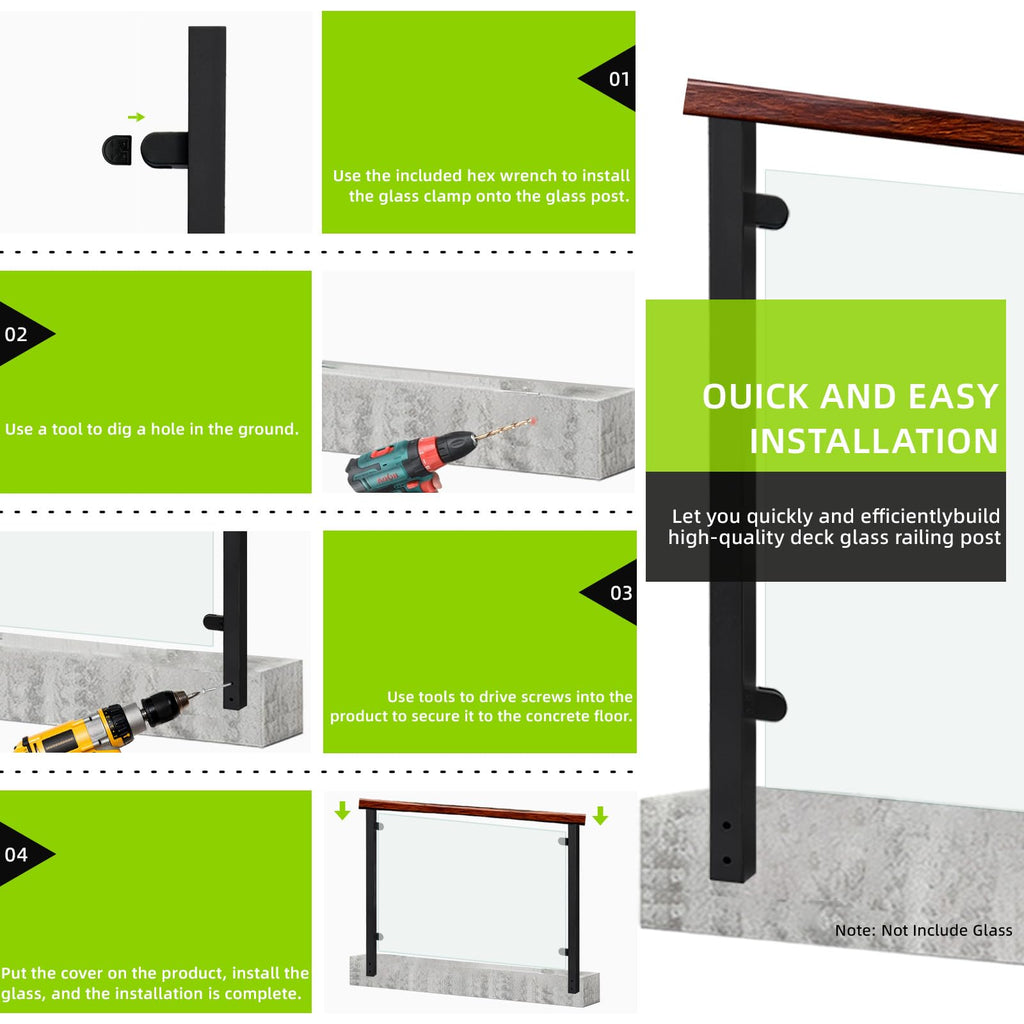 43.5" Wall Mount Glass Railing End Post, Deck Railing Post with 2 Glass Clamp for Staircase, 304 Stainless Steel Glass