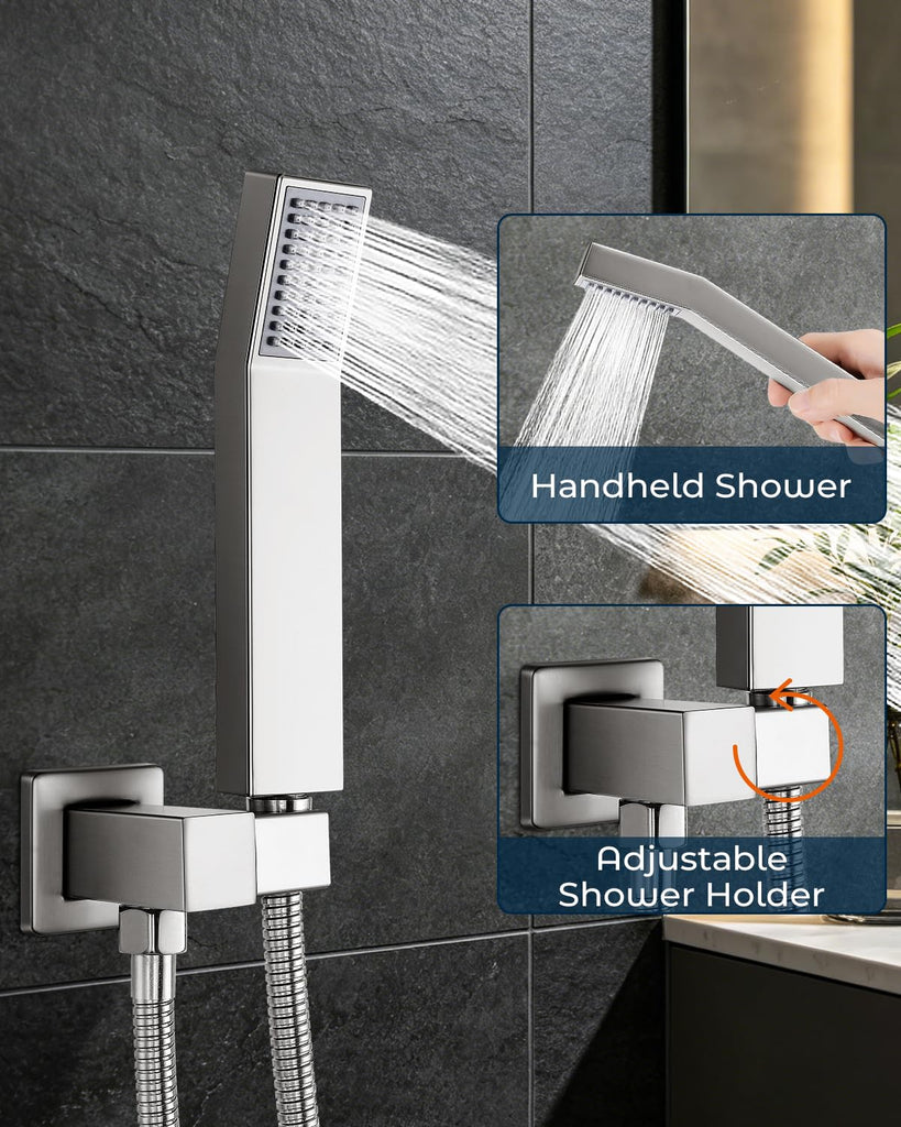 Rain Shower Faucet Set, 10" Top + 6" Side Head, Brushed Nickel