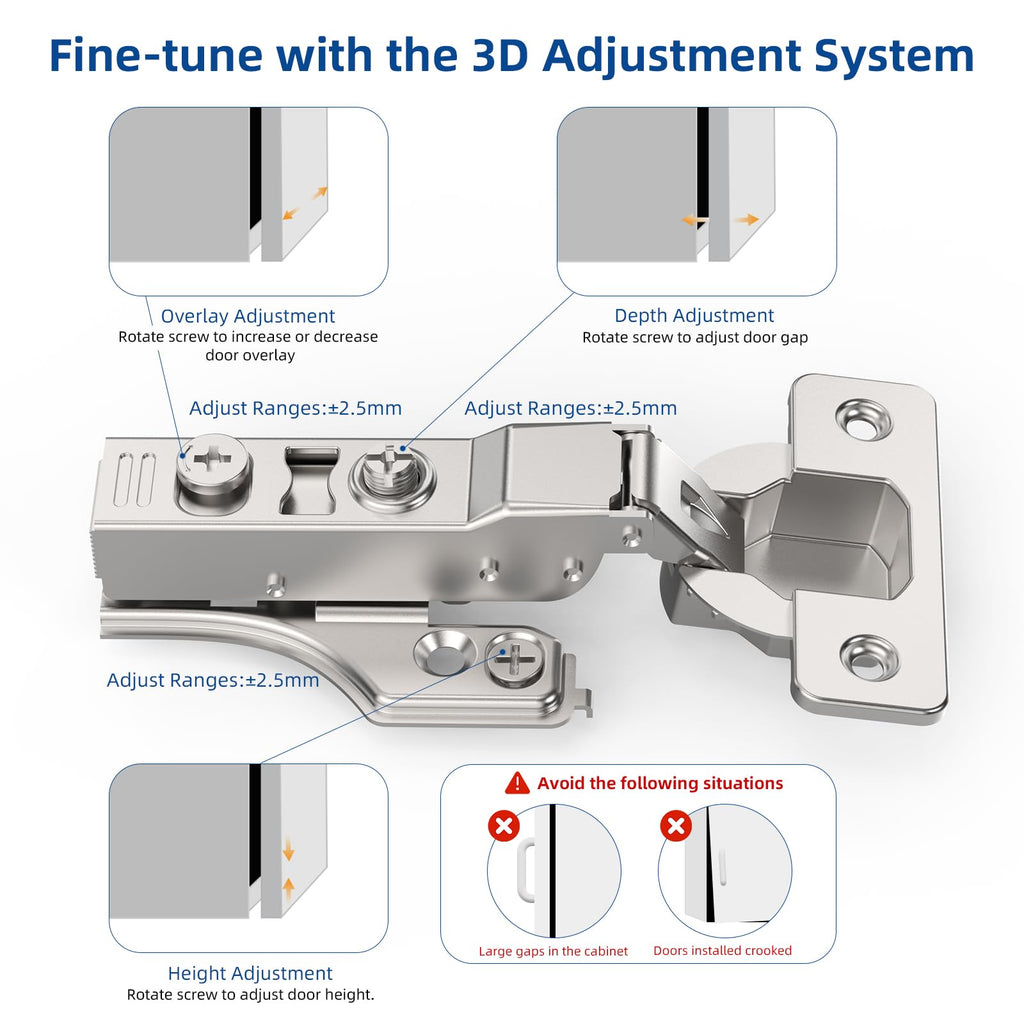 2 Pack 1/4" Partial Overlay Soft Close Concealed Hinge for Face Frame & Frameless Door, 3D Adjustment, Clip-on Plate